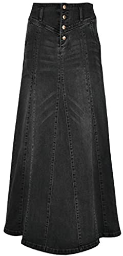 ebossy Jupe Longue en Jean pour Femme - Taille mi-Haute - Effet Vieilli, 01 Noir, Taille XL
