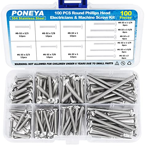 Machine Screws, 100 PCS Phillips Pan Head Electricians Screw Kit #6-32#8-32 Thread 304 Stainless Steel Screws for Electrical Wall Plate Switch, Receptacles Mounting Screws with Storage Case