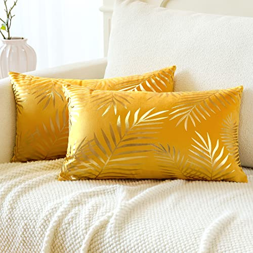 JOTOM Set of 2 Cushion Covers Velvet Decor Throw Pillow Covers Gold Leaves Decorative Pillow Cases Bronzing Flannelette Cushion Cover for Couch Bedroom Sofa Car Home Living Room Decor 30x50cm (Yellow)