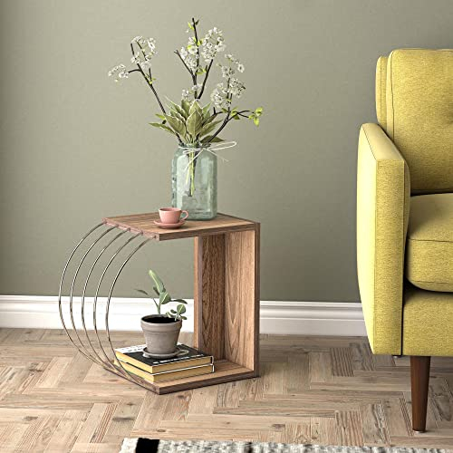 [en.casa] Table d'Appoint Petite Basse Industriel Originale pour Salon Table de Chevet Stylé Support Plantes Polyvalent Panneau de Particules Métal 46 x 30 x 42 cm Effet Noyer Chrome