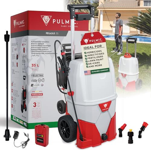 Pulverizador Eléctrico con Ruedas PULMIC Pegasus 35L. 3 Velocidades de Pulverización hasta 4 Bar, 7 Horas de Autonomía y Manguera de 6M. Bateria de Litio 18V. Fumigadora Pulverizador.PULMIC