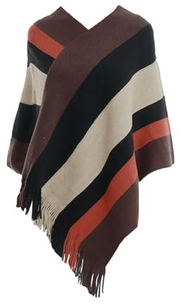 Rayson Poncho Donna Invernale Maglia Caldo Elegante con Frange Righe Scialle Mantella Donna Grande Cappotto Mantello senza Maniche