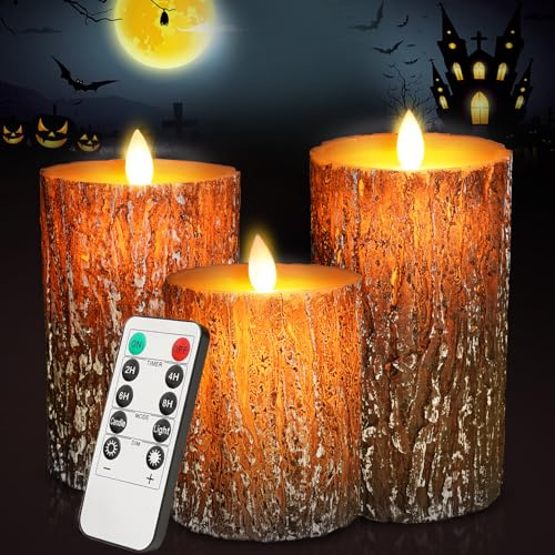 cimetech 3 LED Kerzen mit Timer – Echtwachs, flackernd, Fernbedienung | Echtwachs-Oberfläche mit Pine Bark Look. Flackerndes Warmlicht. Perfekt für Wohnzimmer, Advent & festliche Dekoration