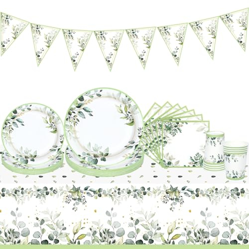 QIFU Juego de vasos y servilletas para platos de fiesta verdes, platos de papel verde salvia, vasos y servilletas con mantel y pancarta, platos de baby shower, vajilla de fiesta para decoración de cu