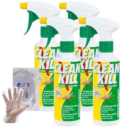 CLEAN KILL Insetticida Ecologico Biokill Spray Extra Micro Fast No Gas a Base Acquosa, Ideale per Blatte, Cimici, Tarli, Zanzare, e Altri Insetti, Uso Interno ed Esterno, Flacone da 375ml (4 Unità)