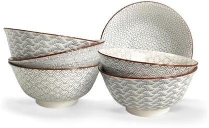 Artime Lot de 6 Grands Bols, bols à Céréales, à Soupe, Bols en 100% Porcelaine avec Imprimés, Vaisselle Elégante, Contenance 950ml, Adapté Lave-Vaiselle et Micro-onde