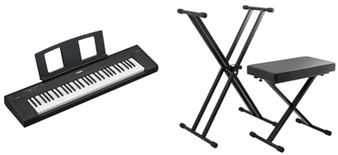 Yamaha NP-15 Piaggero Digital Keyboard & TIGER KAP-PK2 Keyboardständer & Hocker im Pack - Höhenverstellbarer doppelstrebiger X-Frame Keyboardständer & Klavierhocker in einer Packung
