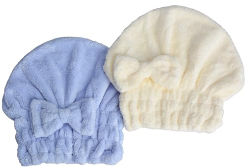 MAYOUTH Mikrofiber turban handduk set för hår snabbtorkande, 2 stycken huvudhanddukar, hårturban med rosett för kvinnor och flickor (blå + vit)