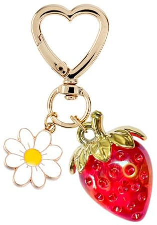 Moguri Süßer Erdbeer Schlüsselanhänger, aesthetic Taschenanhänger, Kawaii-Schlüsselanhänger mit Herz, Blume und Gänseblümchen, Zubehör, Dekor für Mädchen, Geldbörse, Geschenk