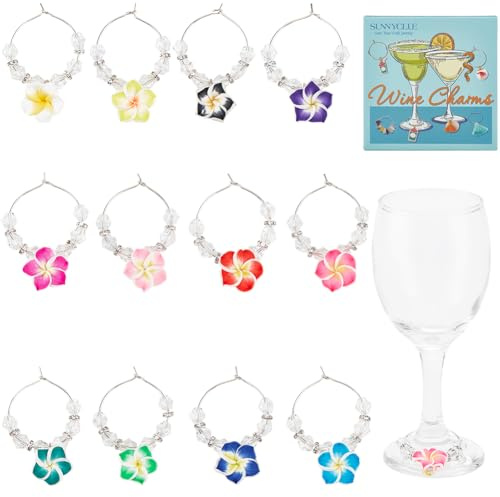 SUNNYCLUE 12Pcs Floral Wine Charm Wine Glass Identifier Charms Brass Colorful Polymer Clay Flower Wine Bead Charms Drink Identifier Tags for Stem Glasses Wedding Drinks Wine Tasting Party Decoration