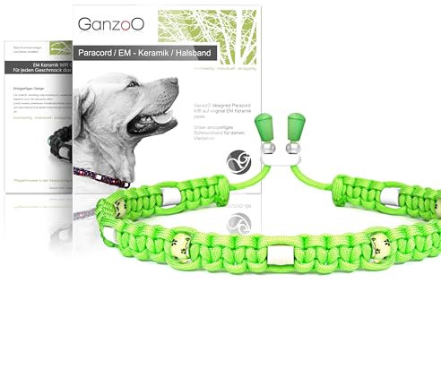 Ganzoo EM Keramik Hunde-Halsband/Paracord 550 Halsband mit Zier-Perlen und EM Tubes/EM Pipes/Größe M 43-51 cm/Dog Collar/verstellbar mit Kordelstopper/Farbe Apfelgrün Pfote