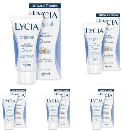 Lycia - Original Deodorante in crema, Extra Protezione per 7 giorni, Senza Alcool, Effetto Asciutto e Vellutato, con Burro di Karitè, 30ml (Confezione da 5)