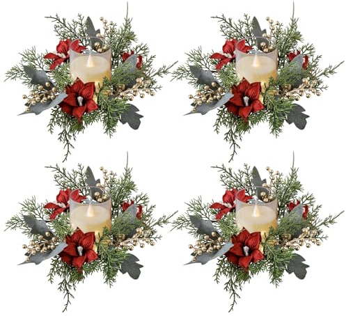 Weihnachtsdeko Teelichthalter Weihnachten Kerzenhalter Adventskranz, Teelichthalter Adventskranz Aus Hochwertigem Harz, Adventskranz Künstlich Mit Beeren Kerzenring Weihnachtsdeko Tisch (C,4STK)