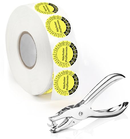 1000 Stück Prüfplaketten 30MM 1 Plakette Lochzange Rundloch 3MM Satz Nächster Prüftermin Gelb Prüfplakette Leitern und Tritte Locher Einzelloch Mehrjahresprüfplaketten Wartungsetiketten für Prüfung
