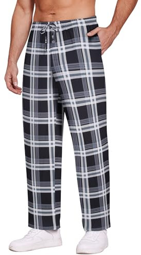 Ekouaer Pyjamasbyxor för män, rutiga sov- och loungebyxor, pyjamasbyxor med fickor och knappgylf, svart vit L, Svart + vit 2, L