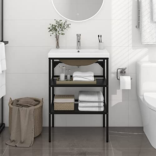Gecheer Sink Cabinet Bathroom Washbasin Frame with Built-in Basin Black Iron Option3