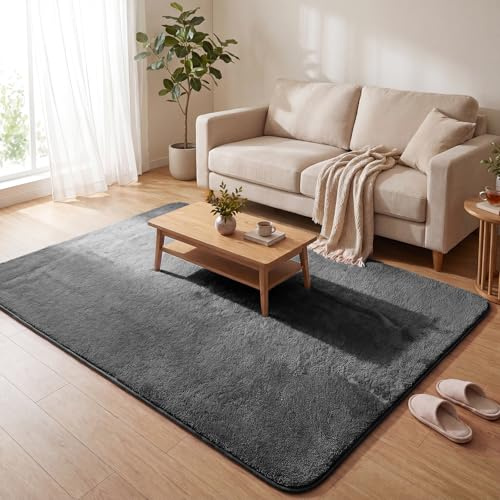 VOUNOT® Teppich Wohnzimmer 160x230 cm, mit rutschfeste Rückseite & Antirutschmatte, Kuscheliger Kurzflor Flauschig Teppiche Gegend für Schlafzimmer Kinderzimmer Esszimmer, Anthrazit