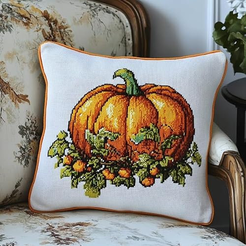 XDEGHUANGSS Latch Hook Kit Komplettset,Knüpfteppich Set mit bedruckter Canvas,43x43 cm,DIY Webrahmen für Erwachsene & Anfänger,Handarbeit Geschenkidee,Herbstkürbis