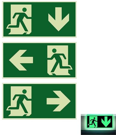 3 Stück Notausgangsschild,300 x 150 mm Fluchtwegschilder Nachleuchtend,Reflektierender Film aus Polyethylen, Links, Rechts und Lower, selbstklebendes Design für Tunnel, Hotels, Schulen, Kinos