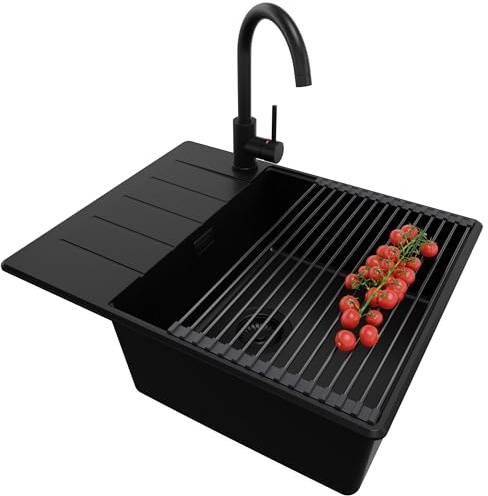 PRIMAGRAN Lavandino da Cucina al Mobile 50cm + Rubinetto, 62x50cm | Set: Rubinetto BW5010 + Kit di scarico + Scolapasta avvolgibile + Lavello in Granito a 1 Vasca - Copenhagen Top, Tutto Nero