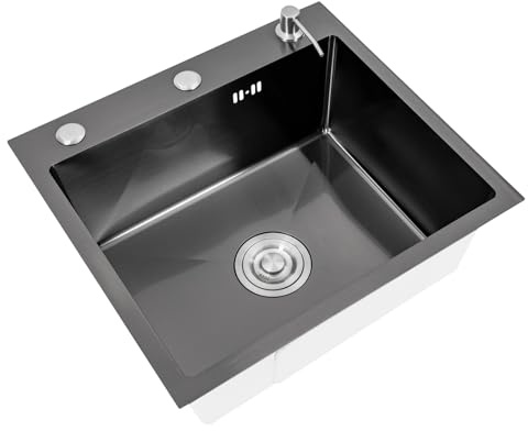 Fregadero de cocina con jabonera y sifón, fregadero de granito, grifo de cocina con desagüe + dispensador de jabón de mano + grifo