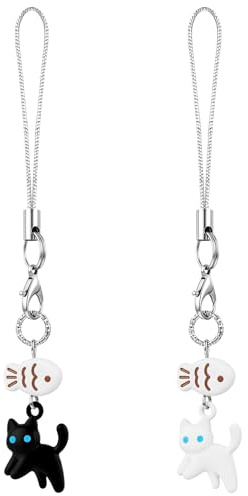 Ymapinc 2pcs Black Cat Phone Charm - Mini Cat+Fish Bag Charms, Metal Kawaii Charm for Cell Phone Case, Cute Matching Pendant