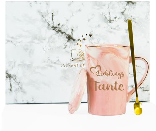 Verdaxis Geschenke für Tante, Geschenke Weihnachts Tasse mit Spruch Lieblings Tante, Geschenk für Beste Tantchen zum Geburtstag Weihnachten Muttertag, 400 ml Keramikbecher mit Deckel und Löffel Rosa