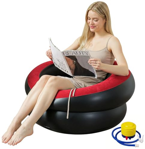 Shyllin Luftsofa, Campingsofa mit Fußhocker, Tragbare Flocking Aufblasbare Couch, Aufblasbarer Sessel, Pool Sessel, Airlounge, Sitzsack Outdoor, für Camping, Zuhause (1, Rund Rot, 1 Person)
