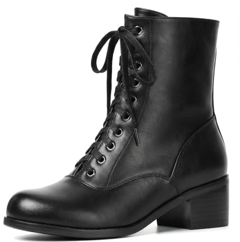 Pixoecuty Women's Victorian Boots Vintage Lace Up Boots For Women Short Ankle Booties Side Zipper Round Toe Chunky Heel Black ASIAN 39
