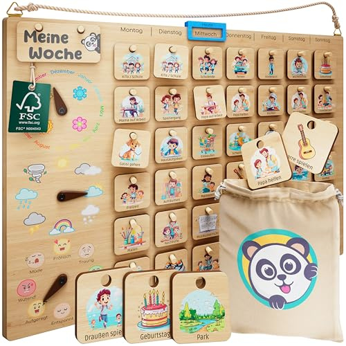 PANDABANDE« Premium Wochenplaner Kinder Holz [Gefühle, Wetter, Monate, 134 XL Karten] - 100% FSC®-zertifiziertes Holzspielzeug - Ideale Aufgabentafel, Wochenplan Kind, Routine Planer, Tagesplaner