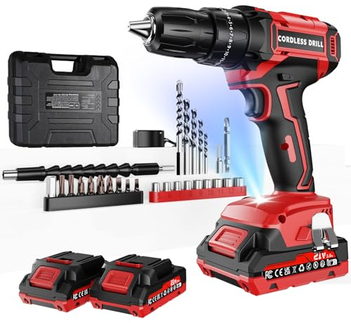 Olubfdh Akkuschrauber 21V Akku Bohrschrauber mit Akku 2×2000mAh 45Nm Drehmoment Max 25+3 Drehmomentstufen (2-Gang & LED) mit Ladegerät und Batterieladeanzeige, für Haus und Garten DIY Projekt (2 Akku)