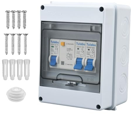 Tulabu 2 Way Consumer Unit Circuit Breaker, IP65 Anti-Leakage Fuse Box for Garages, Caravans, Workshops, Outbuildings, 1P+N40A+1P6A+1P16A