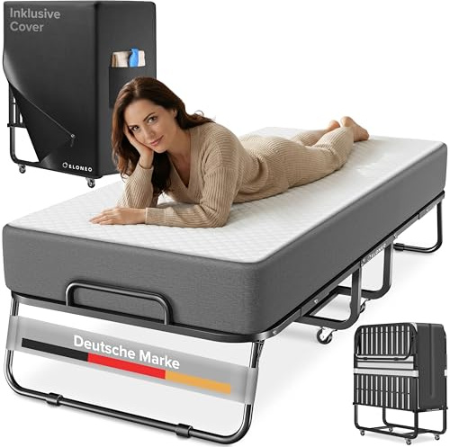 ELONEO Cama Plegable 90x200 cm Incl. colchón | Cama de Invitados Plegable, soporta hasta 250 kg | Cama de Viaje Plegable con Estructura metálica y Ruedas de Transporte | Incl. Funda Protectora