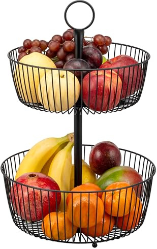 eluno Bandeja redonda de 2 pisos para frutas o pan, soporte decorativo para frutas, frutero de metal negro, espacio para almacenar frutas, verduras, pan y aperitivos en la cocina y el salón