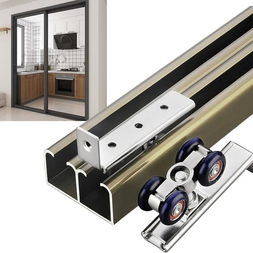 Högpresterande dubbel skjutdörrsystem med hylsor 4 hjul upphängning för 1825 mm dörrtjocklek enkel installation champagnefinish 3,4 m (11,2 fot)