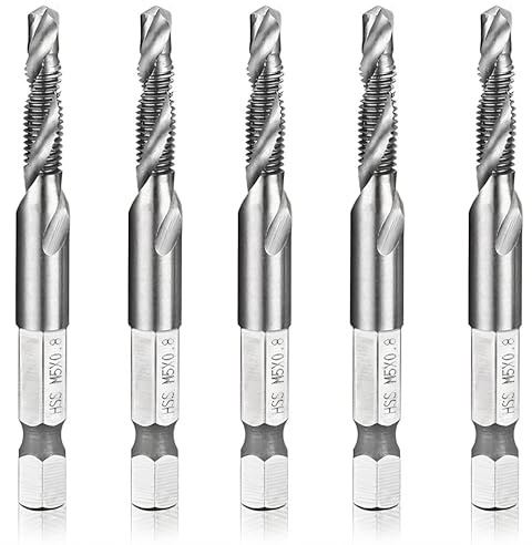 Hymnorq 5-Piece M5 High-Speed Steel Combination Tap and Drill Bit Set, 0.8mm Thread Pitch, Dual Twist Flute, 118° Split Point, 1/4 Hex Shank, Fully Ground Construction
