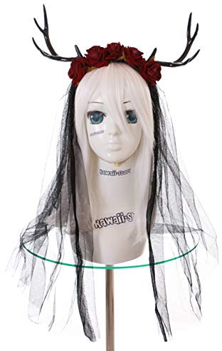 Kawaii-Story C-65 Hirsch Geweih rote Rosen Schleier Fantasy Wald-Fee Haarreif Kopfschmuck Gothic Lolita