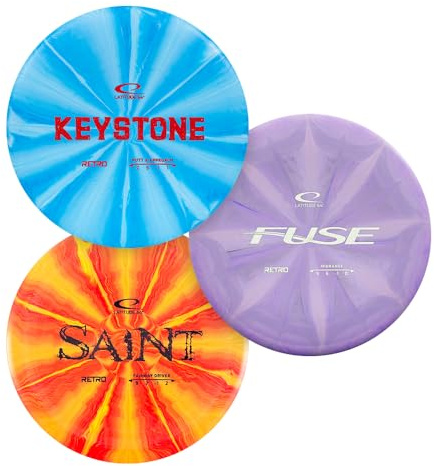 Latitude 64 Retro Burst Disc Golf Starter Set (3-Pack) - Disc Golf Discs Set for New to Intermediate Players | Includes Keystone, Fuse, Saint, Ballista | Grippy Base Plastic | Colors Vary