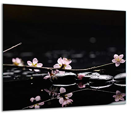 TMK Plaque de recouvrement pour cuisinière, 60 x 52 cm, en verre, décorative, à induction, protection anti-éclaboussures, planche à découper, motif de fleurs, noire