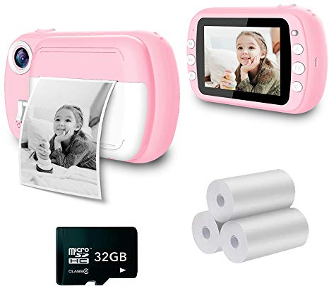 i-Paint P9 Macchina fotografica istantanea per Bambini, Stampa B/N su carta termica, Fotocamera 1080P Videocamera Digitale FHD, LCD da 3.5, Micro SD da 32GB, Colore Rosa
