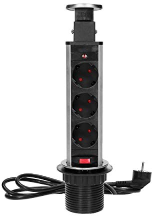 ORNO AE-1348(GS) Torretta Multipresa Estensibile Dall'alto Con Blocco E 3 Prese Lunghezza Cavo 1,8 m Carico Max 3680W (plastica + acciaio inossidabile INOX)