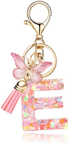 OKAICEN Fashion Alphabet Initial Letter Keychain Tassel Butterfly Pendant Key Ring for Purse Handbags Women Girl ('E')