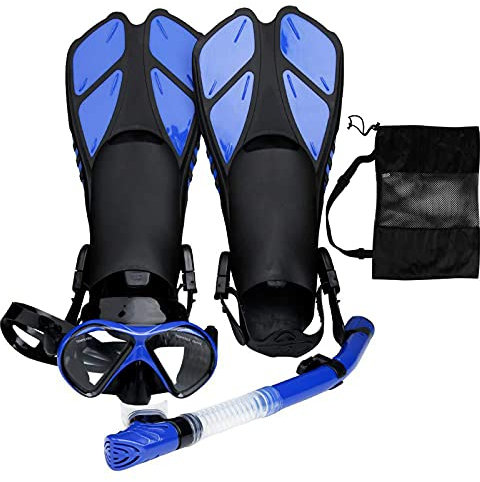 HGYJ Schnorchelanzug für Erwachsene, vollständig trockener Schnorchel + Silikon-Tauchmaske + verstellbare Flossen + Netztasche Vierteiliger Anzug, zum Schwimmen für Männer/Frauen,Blue,ML/XL