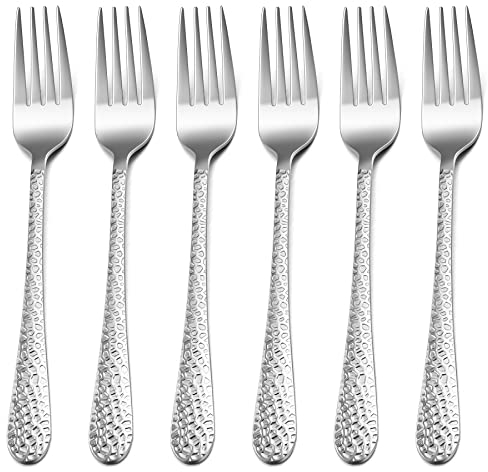 HaWare 6 Piece Large Stainless Steel Dinner Table Forks with Hammered Handle for Home, Kitchen, Restaurant, Mirror Polished & Dishwasher Safe, 20cm