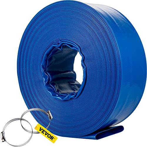 VEVOR Discharge Hose, 4 x 105', PVC Lay Flat Hose, Heavy Duty Backwash Drain Hose with Clamps, Weather-Proof & Burst-Proof, Ideal for Swimming Pool & Water Transfer, Blue