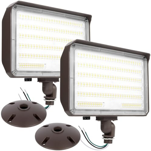 Paktonvo 100W LED Flood Light with Knuckle, Outdoor floodlight Dusk to Dawn Photocell 5000K 14000lm AC100-277V Equivalent 1000W, ETL Waterproof Wall Mount LED Security Light for Yard Garden 2 Pack