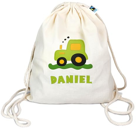 Manilu Bio Turnbeutel mit Namen personalisiert & Bedruckt | Motiv Traktor Grün | Stoffbeutel Schuhbeutel Sportbeutel Wäschebeutel Rucksack für Kinder Jungen & Mädchen | inkl. NAMENSDRUCK