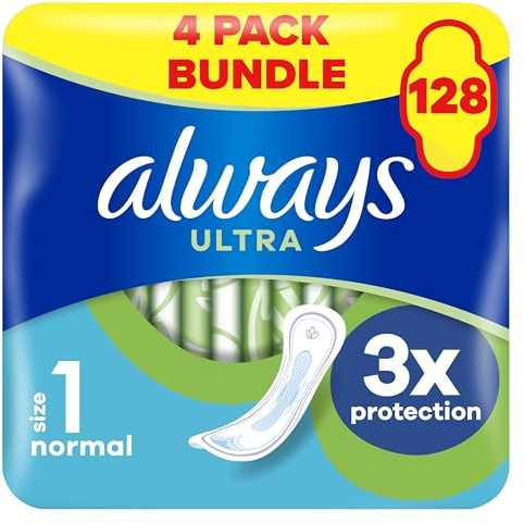 Always Ultra Sanitary Towels/Pads with Wings, Normal Size 1, Ultra Thin, 128 Towels (32 x 4 Packs), Super Saving Box, Odour Neutraliser, Super Absorbent Core