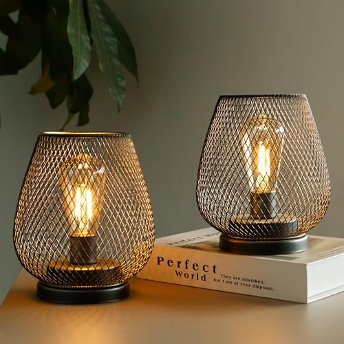TRIROCKS Set of 2 Metal Battery Operated Table Lamp 17cm Tall Metal Cage Shape Cordless Lanterns with LED Edsion Bulb for Patio Garden Wedding Parties Indoor Outdoor (Brown)