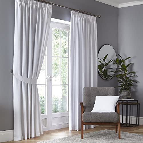 Fusion White Blackout Drapes W229 x L183cm – 2 Panels – Pencil Pleat Thermal Curtains – Plain Cream Fabric for Bedroom/Living Room – Soundproof Heavyweight Cotton-Look Finish